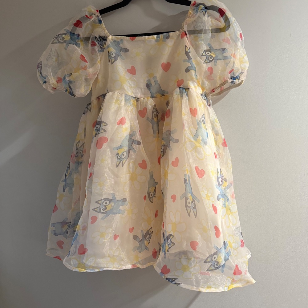 NWT Bluey Puff Sleeve Organza Dress Kids XL 14 Cream New‎ Heart Daisy Print